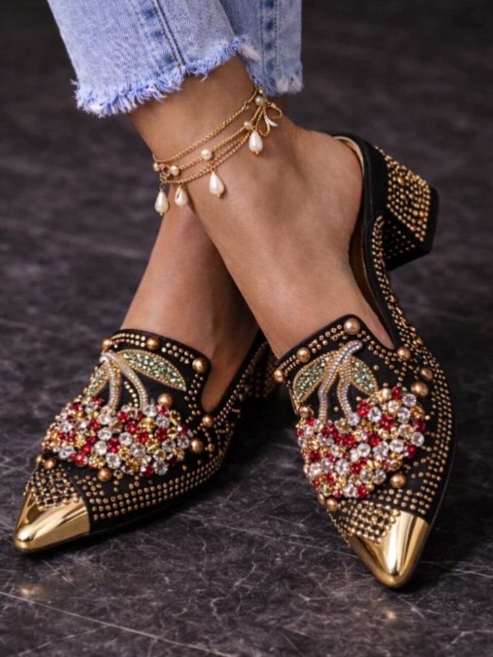 Ornate Embellished Pointed-Toe Block-Heel Mule